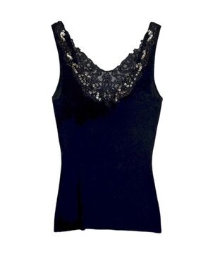 Vintage Y2K Cache Ribbed Knit Tank Black Sequin Lace Whimsygoth Fairy Grunge M